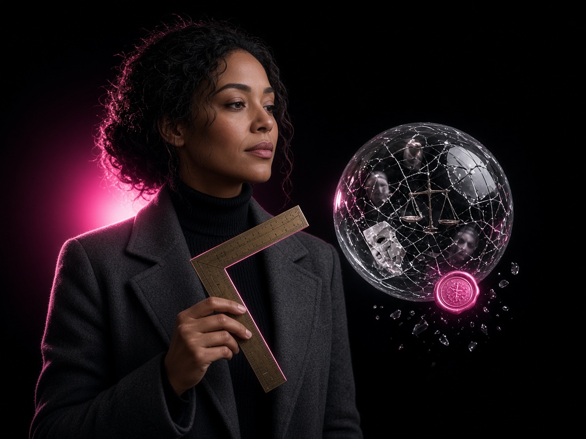 Allegory of Norma: a figure measuring a fractured AI sphere with a carpenter’s square, the original tool of the standard.